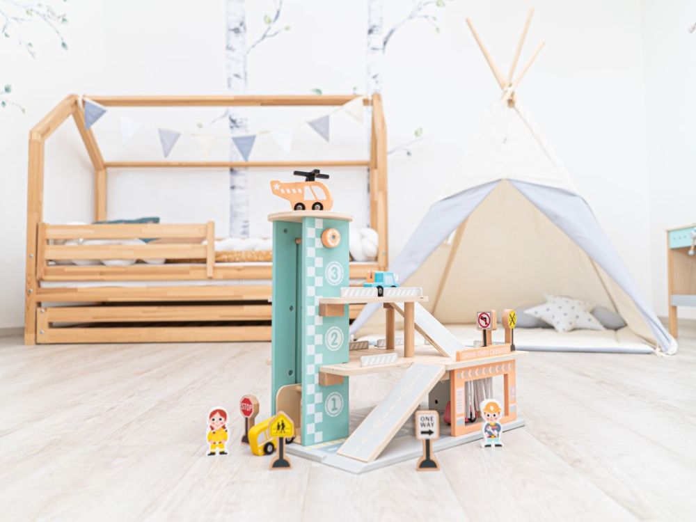 Houten Autogarage Speelgoed | Parkeergarage met Carwash & Voertuigen - Baby Doo