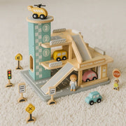 Houten Autogarage Speelgoed | Parkeergarage met Carwash & Voertuigen - Baby Doo