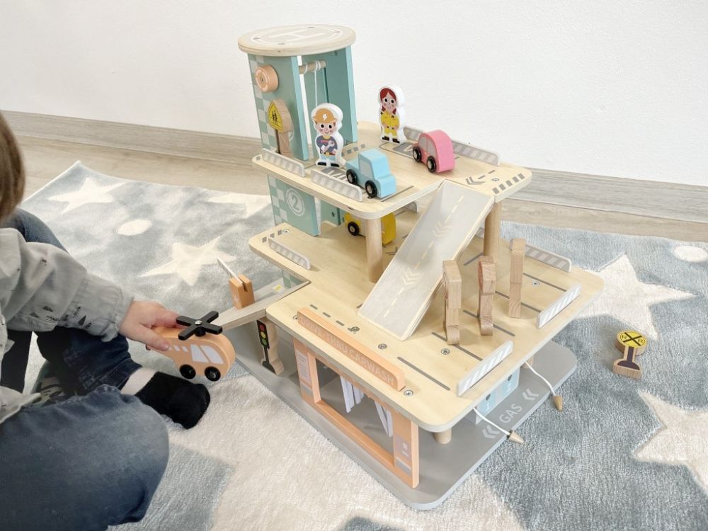 Houten Autogarage Speelgoed | Parkeergarage met Carwash & Voertuigen - Baby Doo
