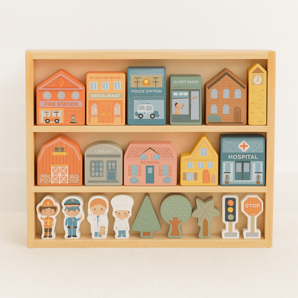 Houten Blokken Stad 20 - delig | Bouwset met Huizen, Figuren & Bomen | Educatief Speelgoed 3+ - Baby Doo