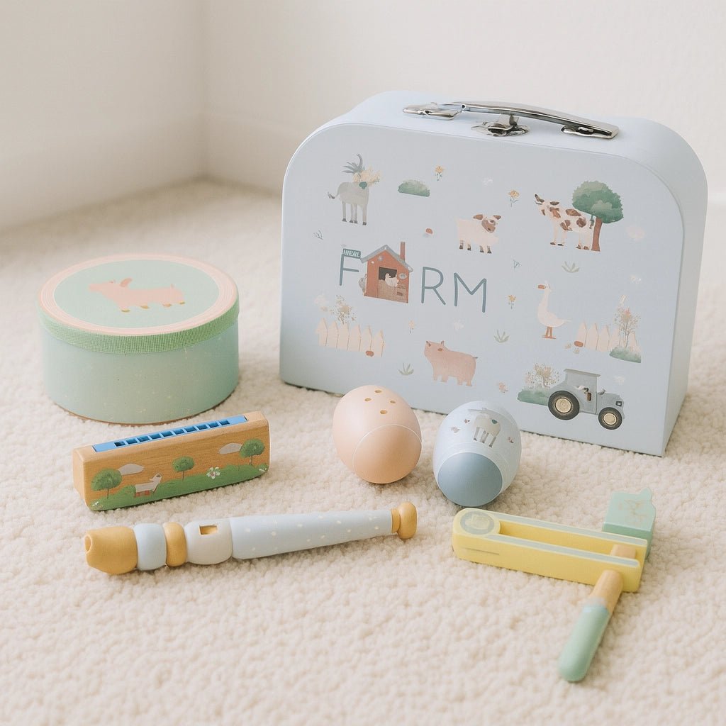 Houten Muziekinstrumenten Kind | 7 - delige Muzikale set met Koffer | Trommel, Fluit & Rammelaar - Baby Doo