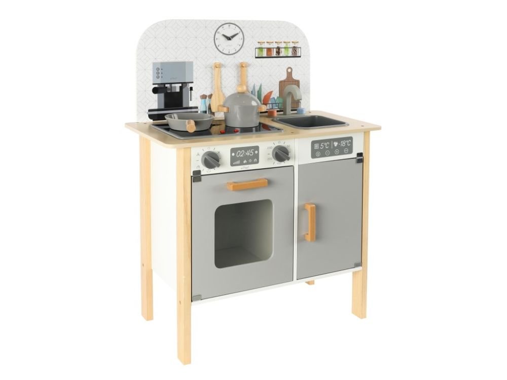 Houten Speelkeuken met Accessoires & Textielset | Met Realistisch Oplichtend Fornuis | Scandinavisch Design - Baby Doo