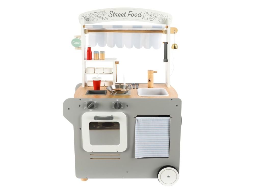 Houten Speelkraampje op Wielen | Speelkeuken & Winkeltje in 1 | Met Accessoires - Baby Doo