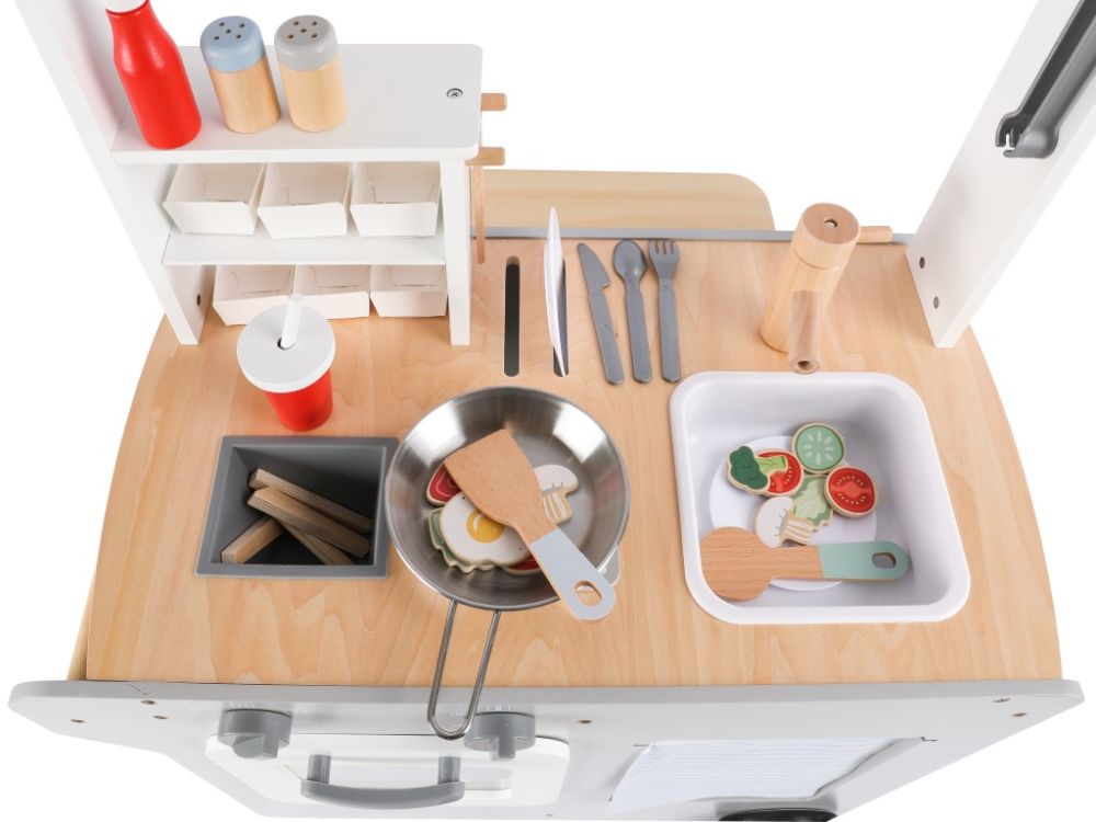 Houten Speelkraampje op Wielen | Speelkeuken & Winkeltje in 1 | Met Accessoires - Baby Doo