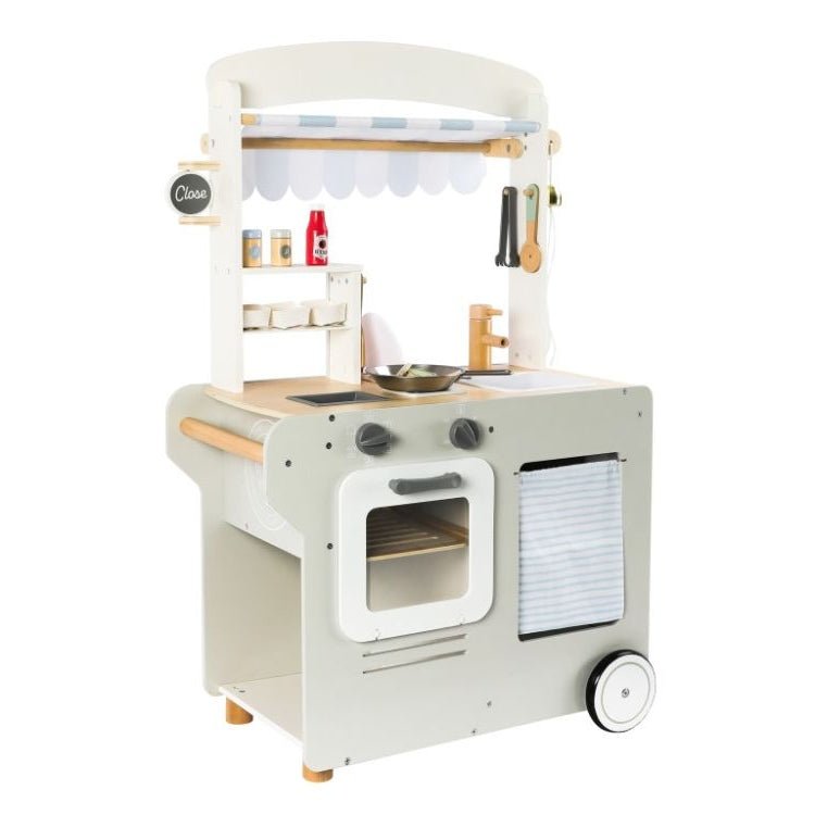 Houten Speelkraampje op Wielen | Speelkeuken & Winkeltje in 1 | Met Accessoires - Baby Doo