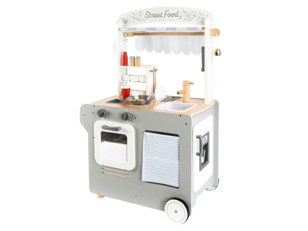 Houten Speelkraampje op Wielen | Speelkeuken & Winkeltje in 1 | Met Accessoires - Baby Doo