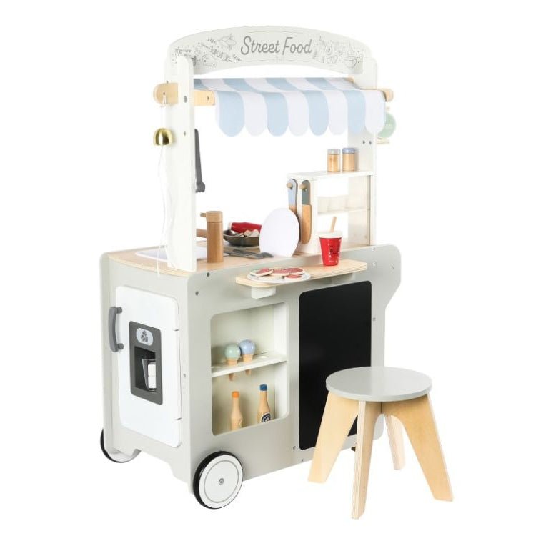 Houten Speelkraampje op Wielen | Speelkeuken & Winkeltje in 1 | Met Accessoires - Baby Doo