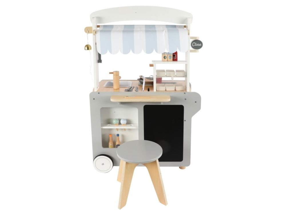 Houten Speelkraampje op Wielen | Speelkeuken & Winkeltje in 1 | Met Accessoires - Baby Doo