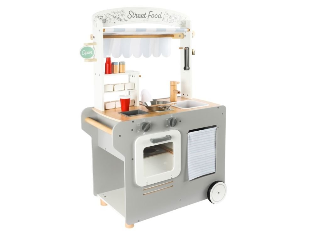 Houten Speelkraampje op Wielen | Speelkeuken & Winkeltje in 1 | Met Accessoires - Baby Doo