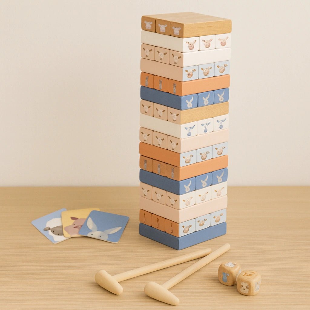 Houten Stapelspel Kinderen | Jenga Toren Spel met Dobbelstenen & Kaarten - Baby Doo