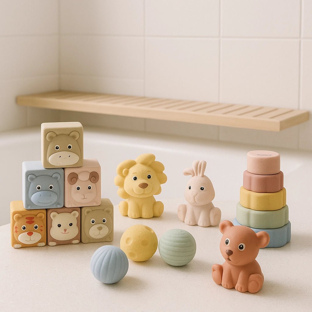 Speelgoed voor in Bad 4 - in - 1 Dierenset | baby vanaf 6 maanden | Zachte drijvende stapelblokken & ballen - Baby Doo