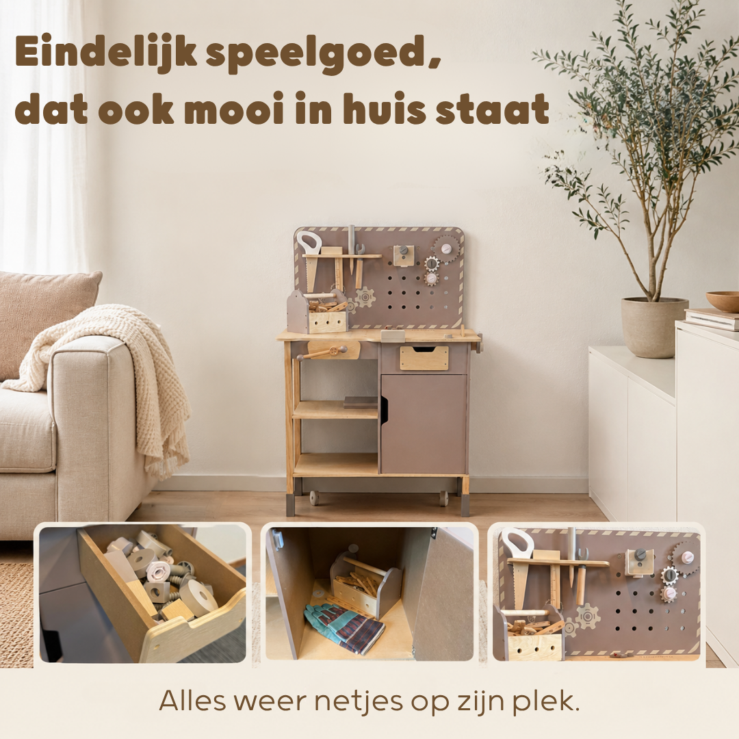 Houten speelgoedwerkbank in natuurlijke kleuren die past bij het interieur
