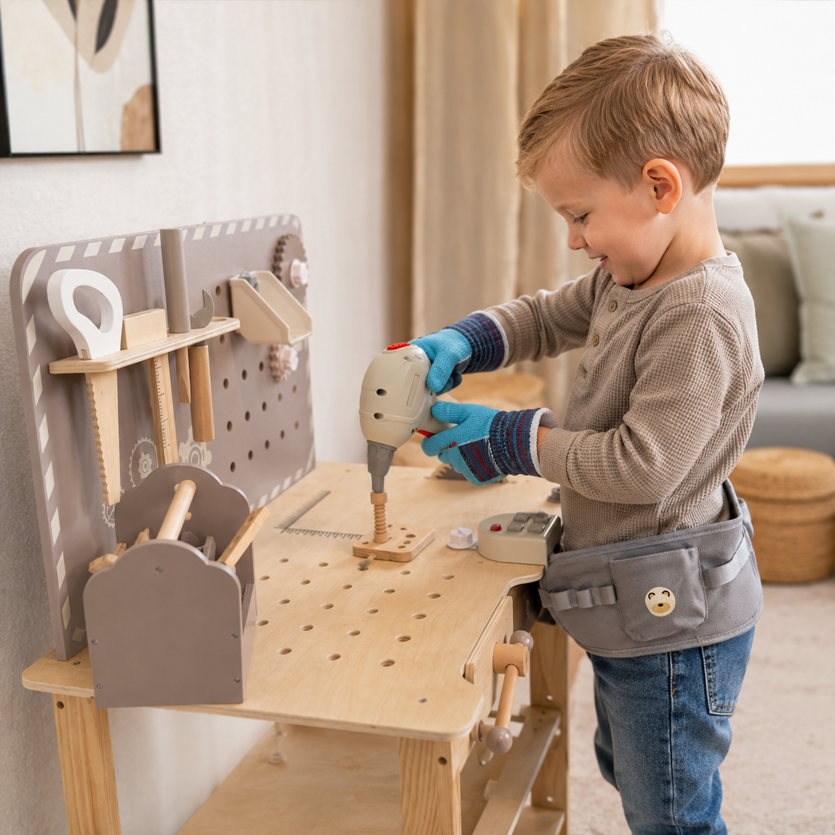 Kind klust aan de houten speelgoedwerkbank van Baby Doo