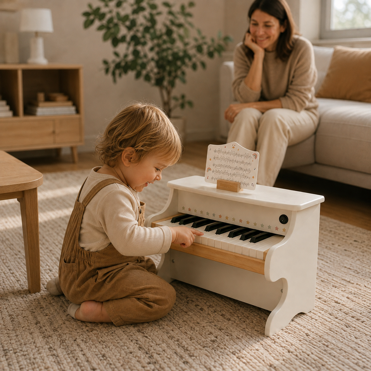 Kind speelt op de houten kinderpiano van Baby Doo