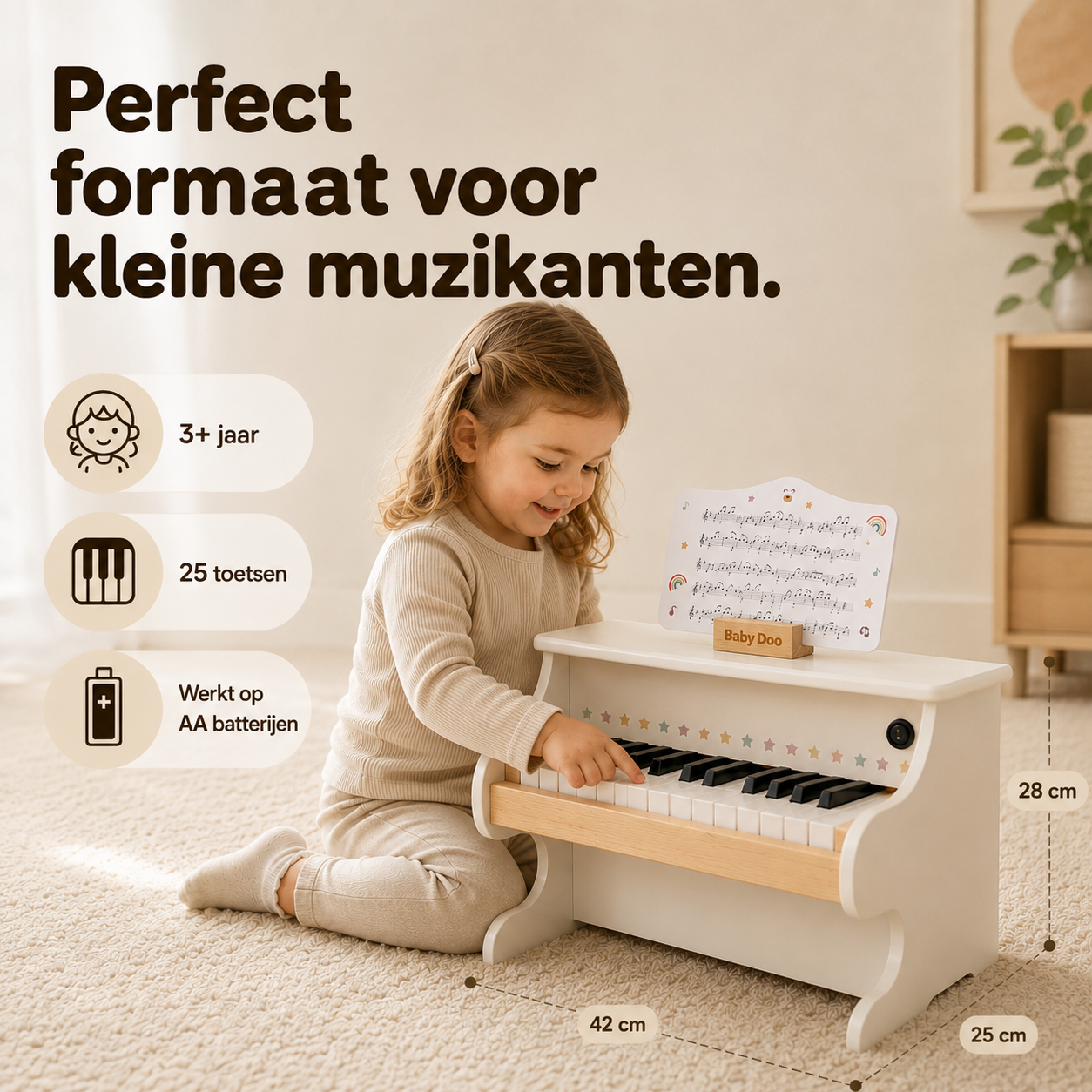 Afmetingen van de houten kinderpiano: 42 x 28 x 25 cm, geschikt vanaf 3 jaar