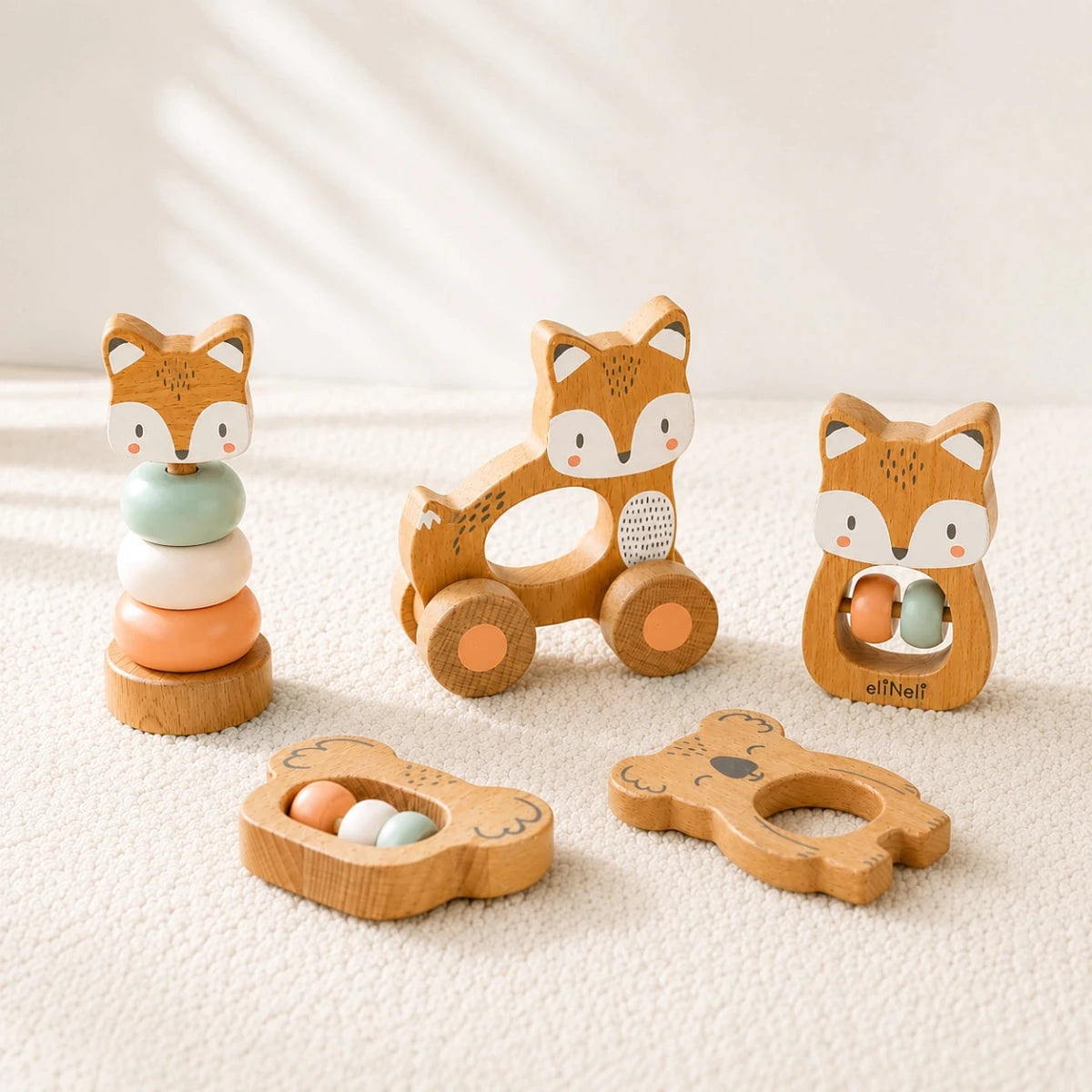 5-in-1 Kraamcadeau Set | Vosjes Thema | Origineel Houten Speelgoed voor Baby's - Baby Doo
