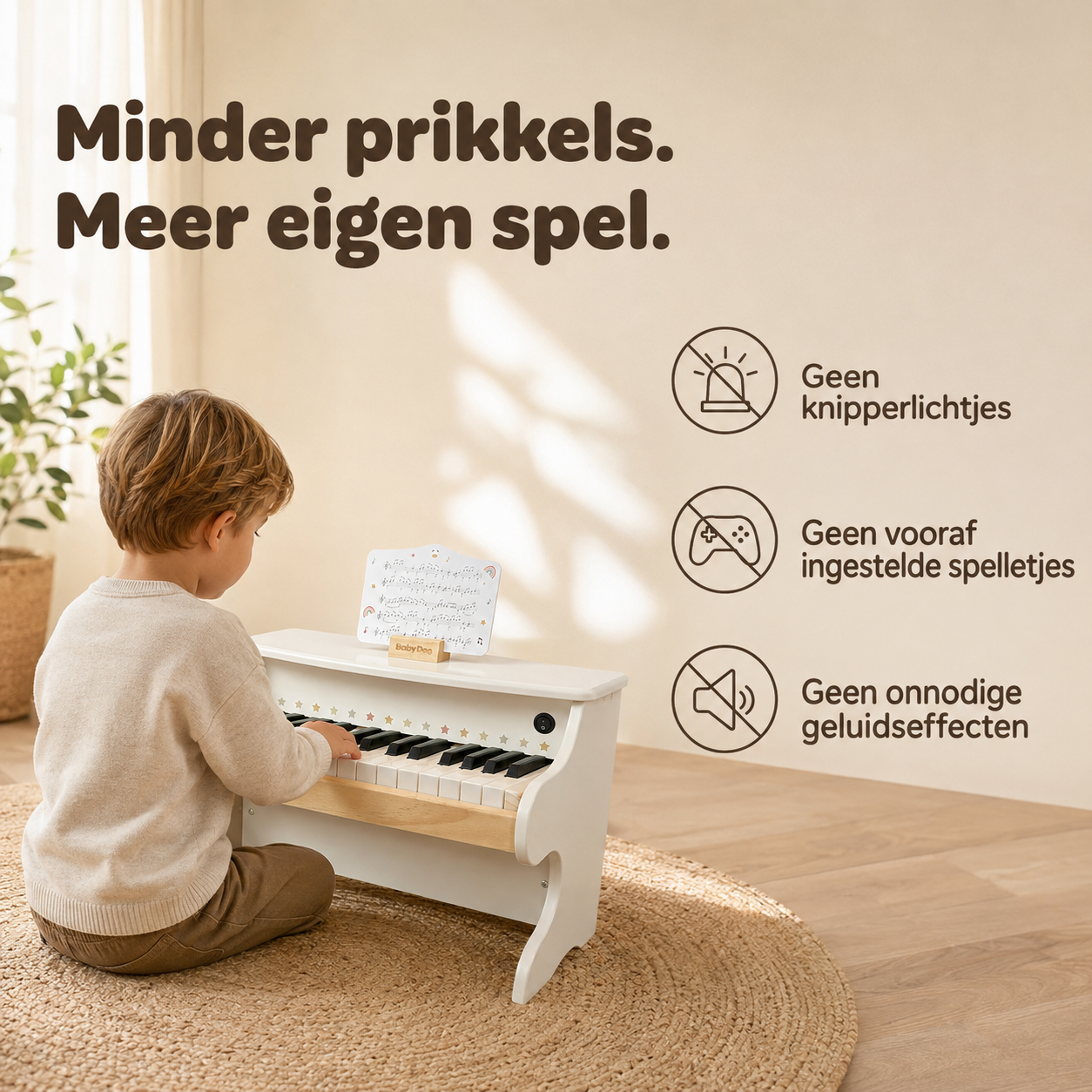 Kinderpiano zonder knipperende lichtjes, ingebouwde deuntjes of spelletjes