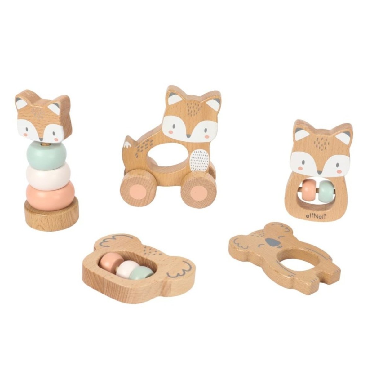 5‑in‑1 Kraamcadeau Set | Vosjes Thema | Origineel Houten Speelgoed voor Baby’s - Baby Doo