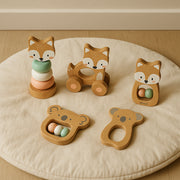 5‑in‑1 Kraamcadeau Set | Vosjes Thema | Origineel Houten Speelgoed voor Baby’s