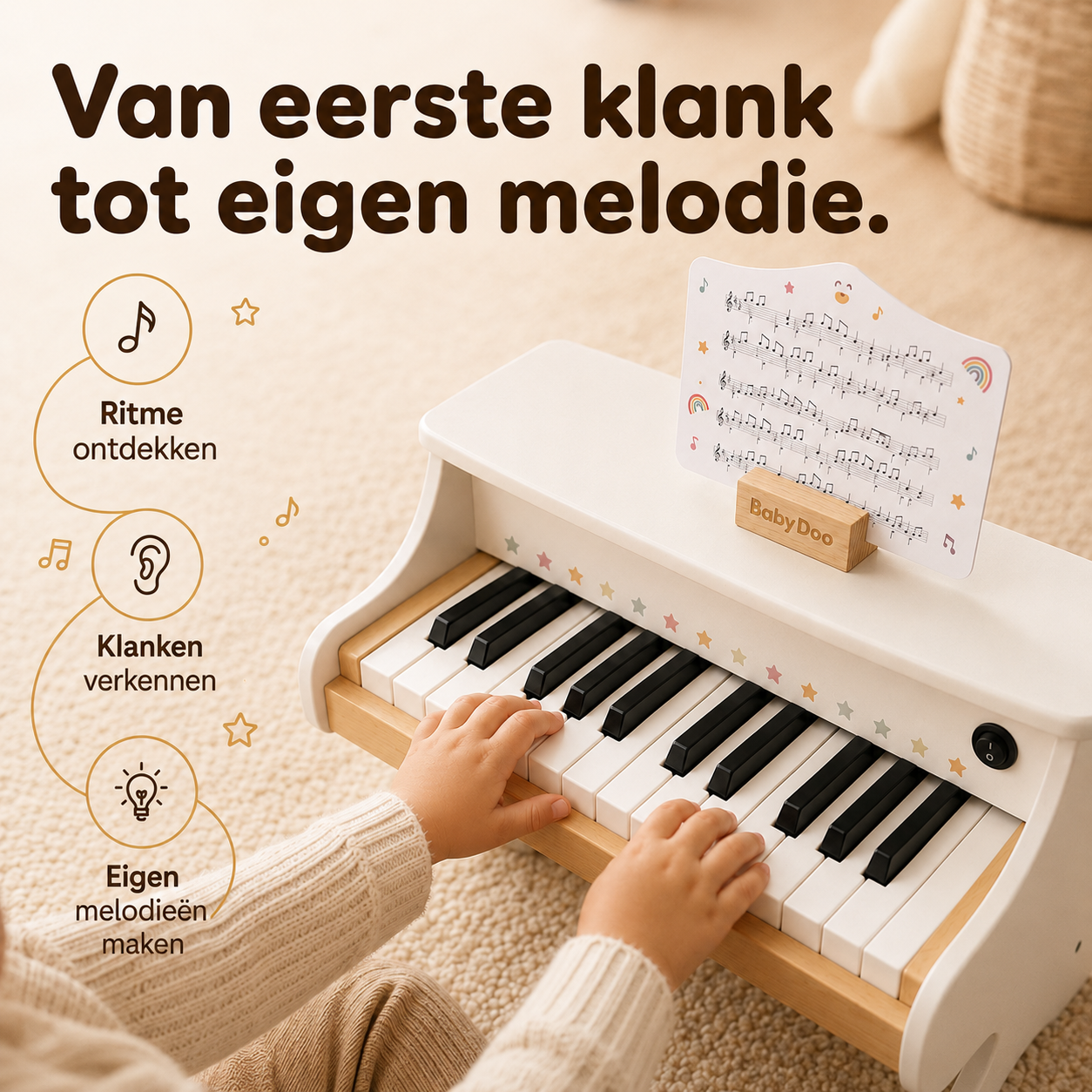 Kind ontdekt op de houten piano de eerste klanken en eigen melodietjes
