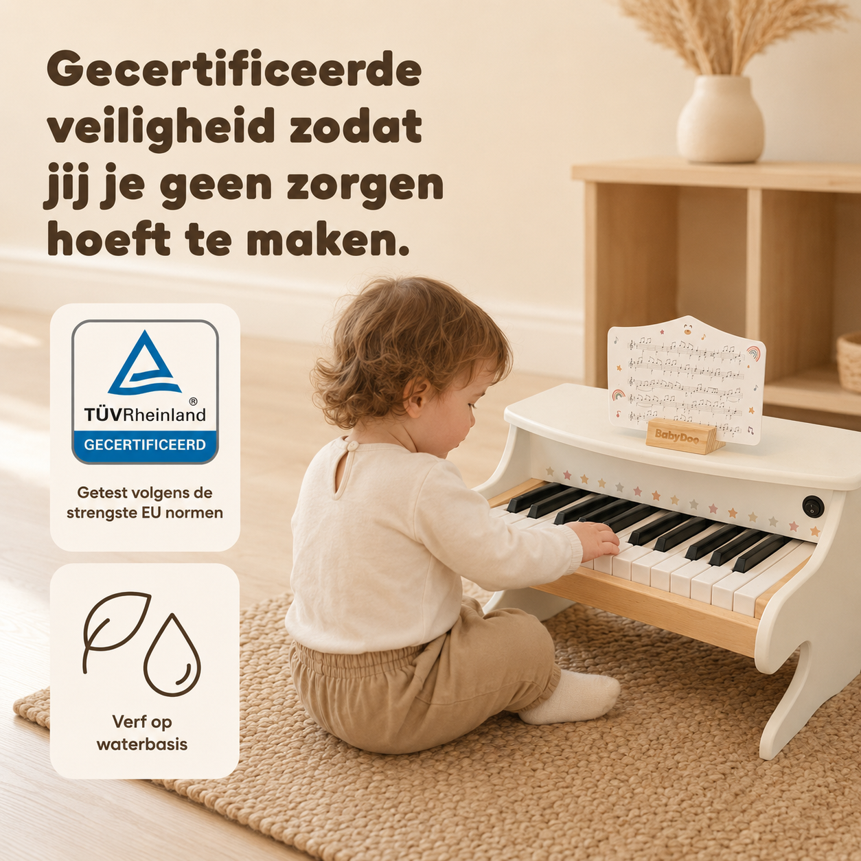 Houten kinderpiano onafhankelijk getest door TUV Rheinland en afgewerkt met verf op waterbasis