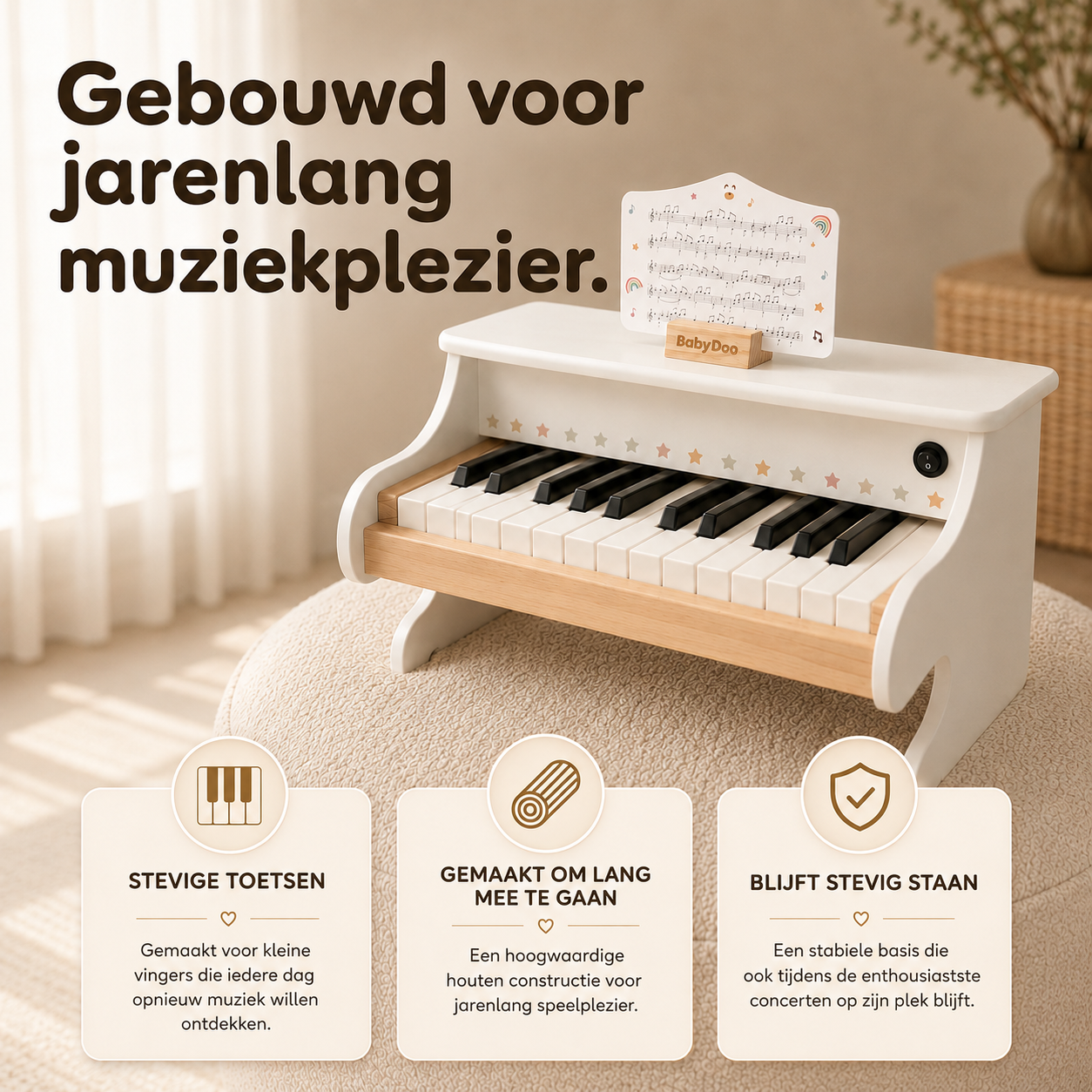 Stevige houten constructie en solide toetsen van de Baby Doo kinderpiano