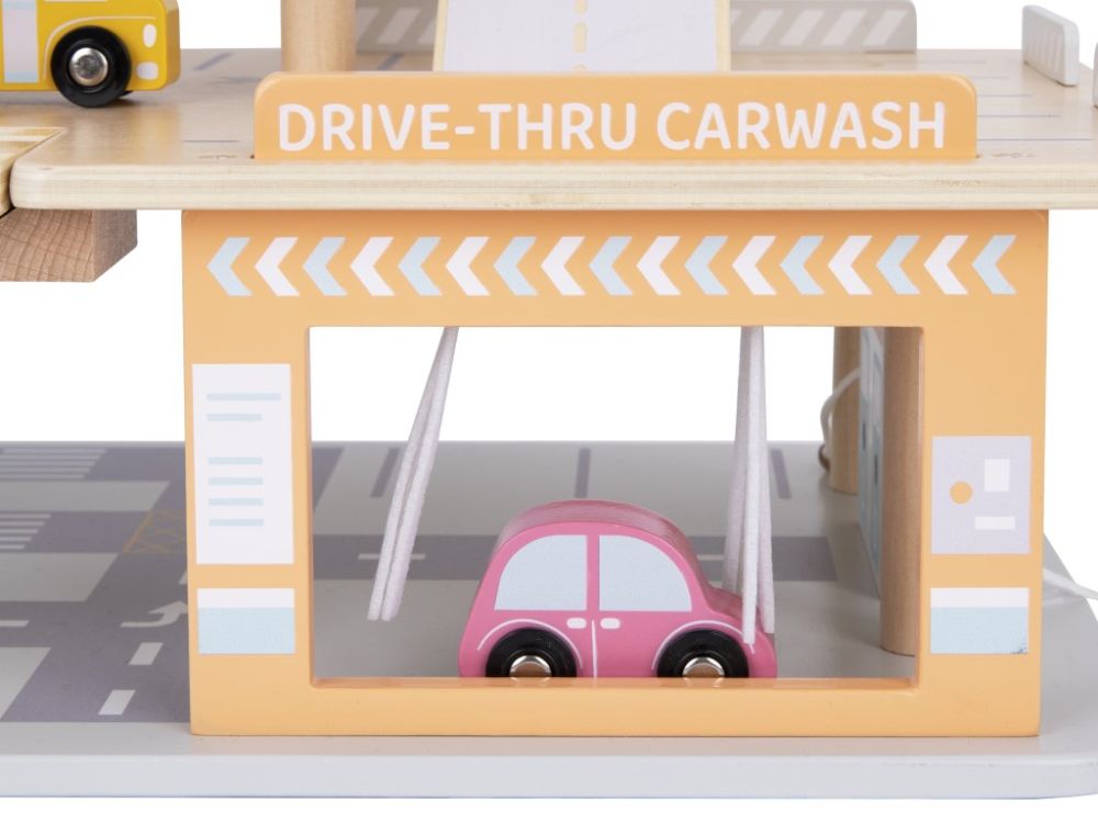 Houten Autogarage Speelgoed | Parkeergarage met Carwash & Voertuigen