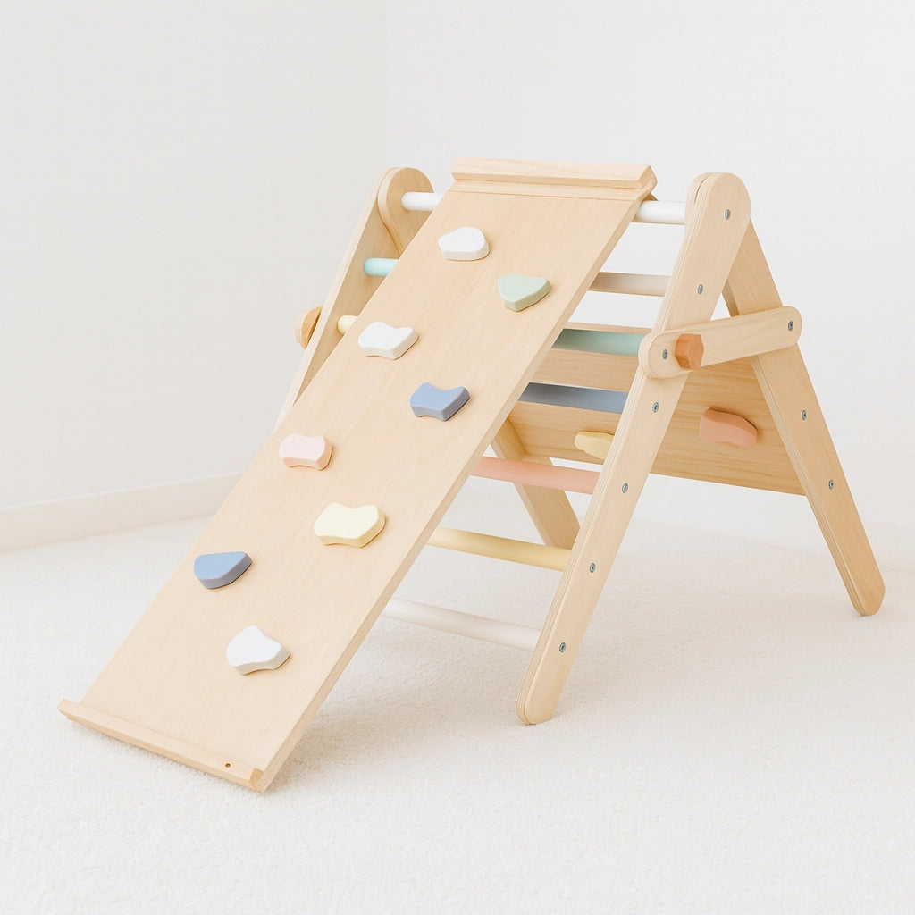 Houten Montessori Pikler Driehoek 3-in-1 | Klimrek, Glijbaan & Activiteitenbord