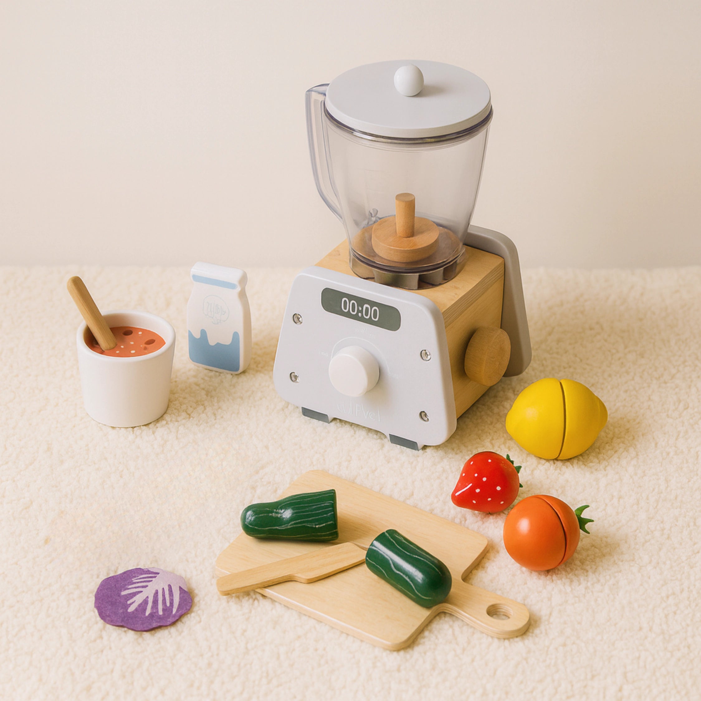Houten Smoothie Blender Speelset | Met Accessoires & Snijfruit | Montessori Keukenspeelgoed