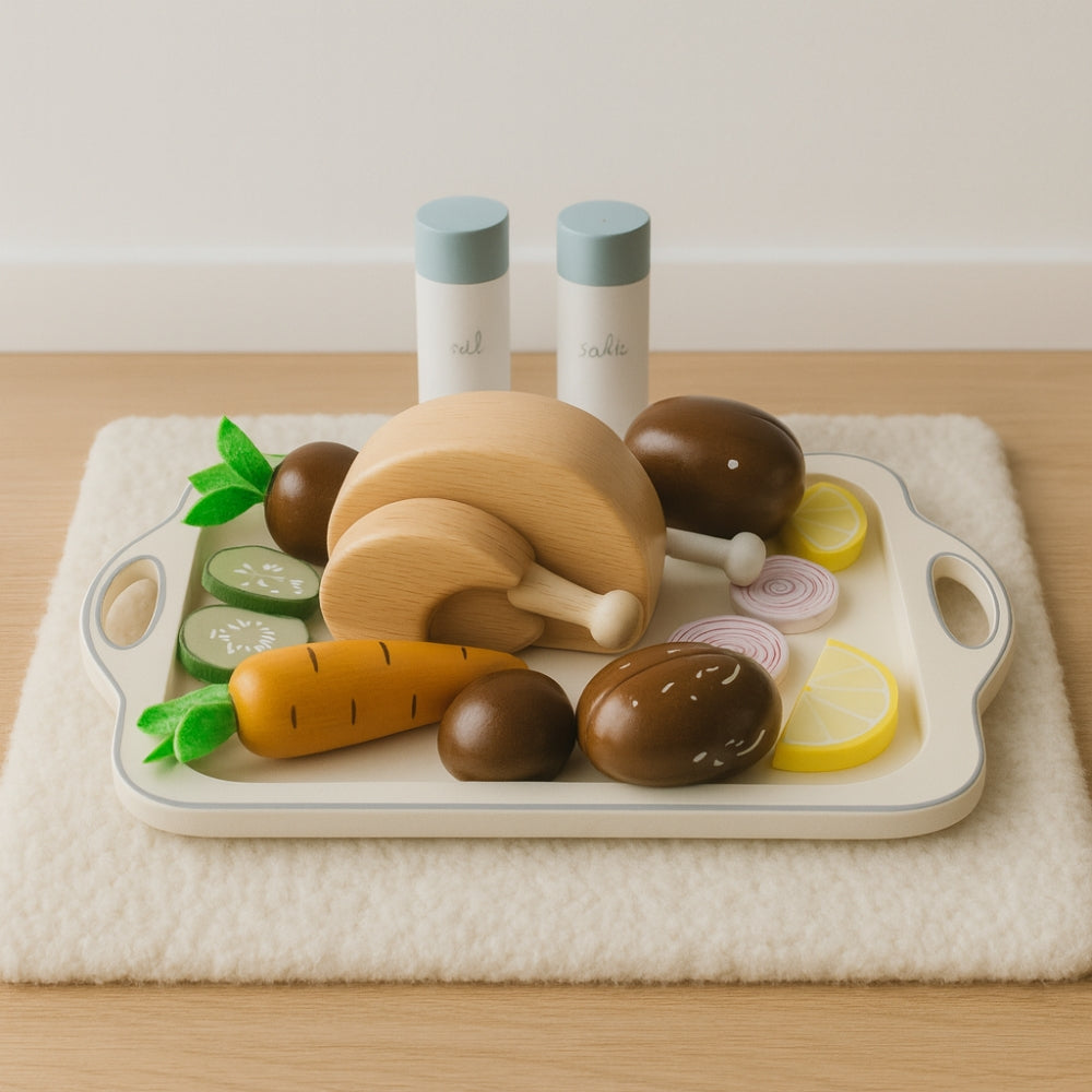 Houten Speelgoed Keuken Accessoires | Diner Set met Kip & Groente