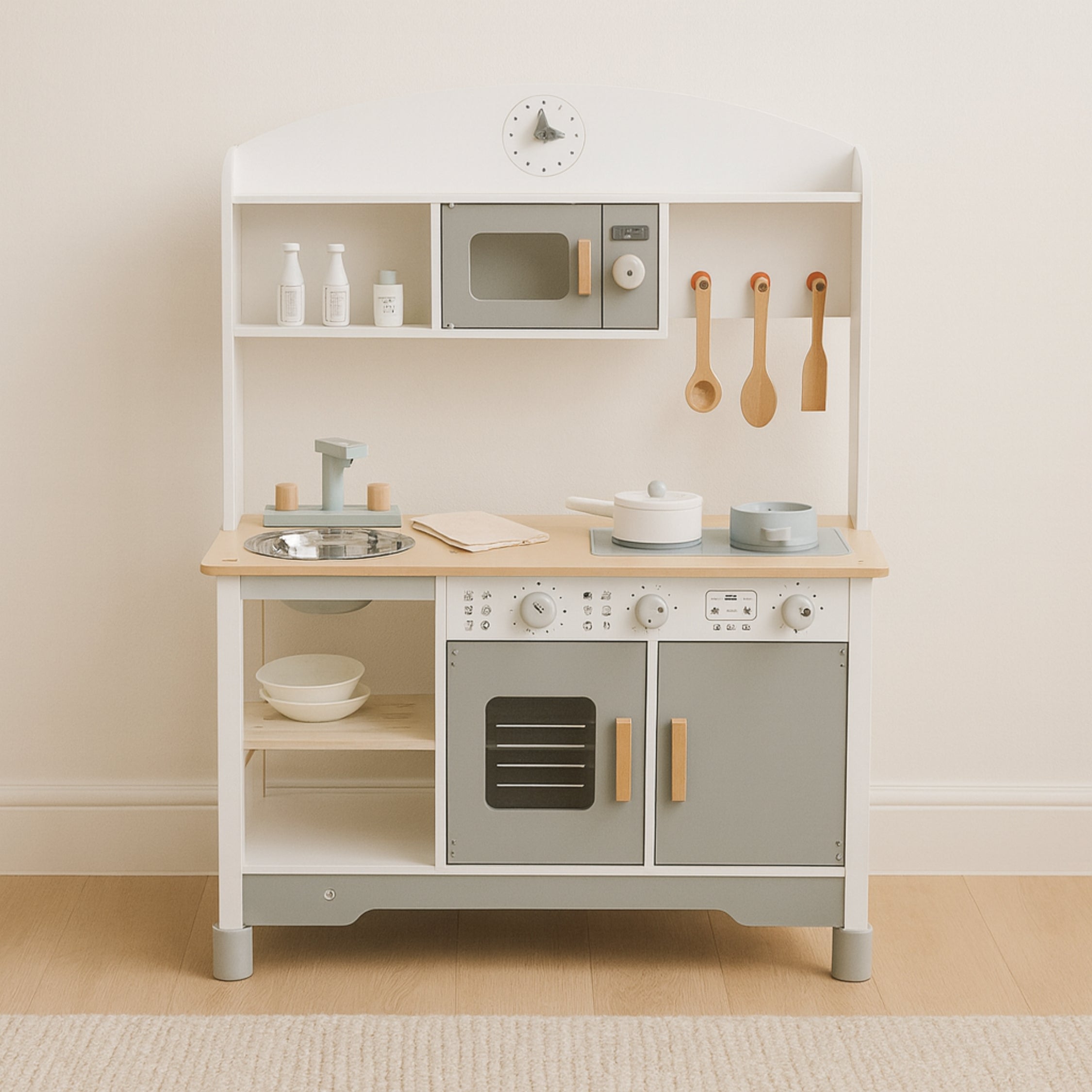 Houten Speelkeuken | Essentials | Speelkeukentje met 8 Accessoires & Verstelbare Pootjes