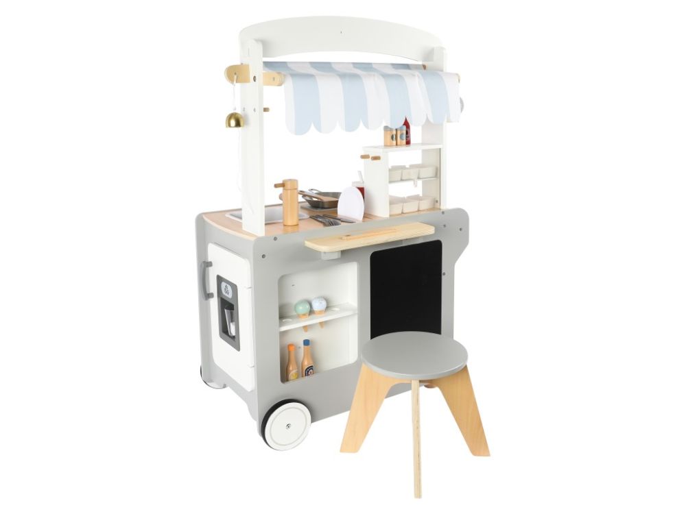 Houten Speelkraampje op Wielen | Speelkeuken & Winkeltje in 1 | Met Accessoires
