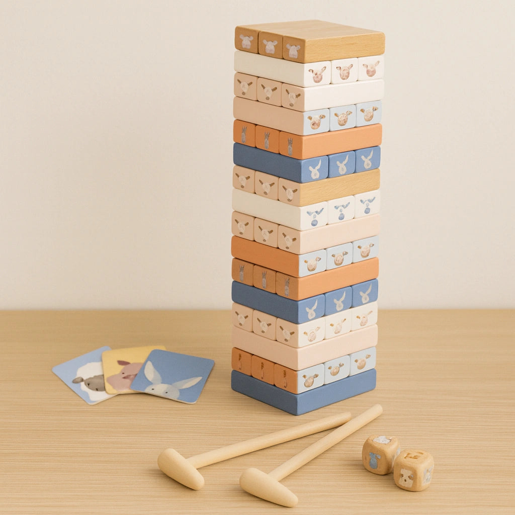 Houten Stapelspel Kinderen | Jenga Toren Spel met Dobbelstenen & Kaarten