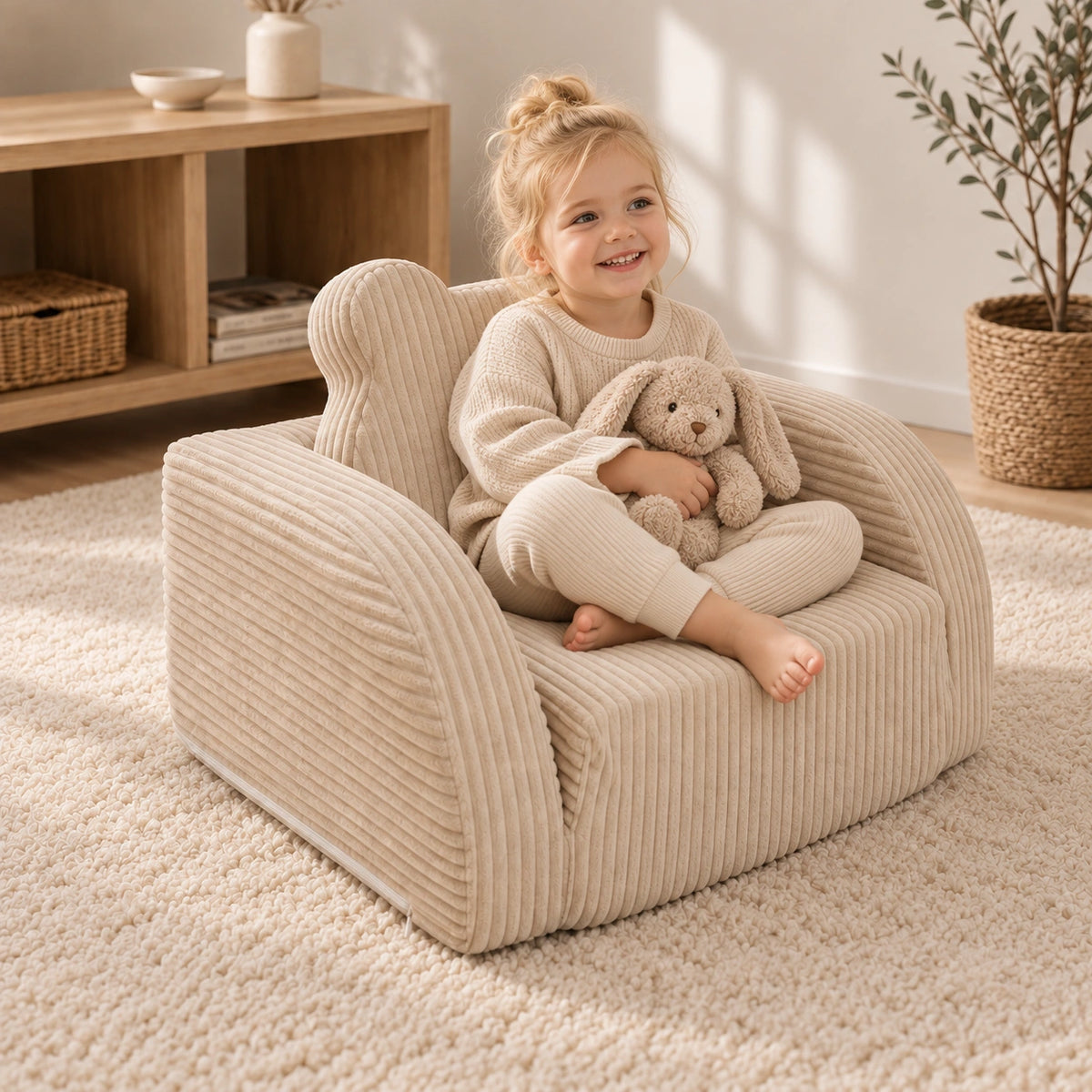 Kinderfauteuil Uitklapbaar | Zachte Kinderstoel van Ribstof | Beertje