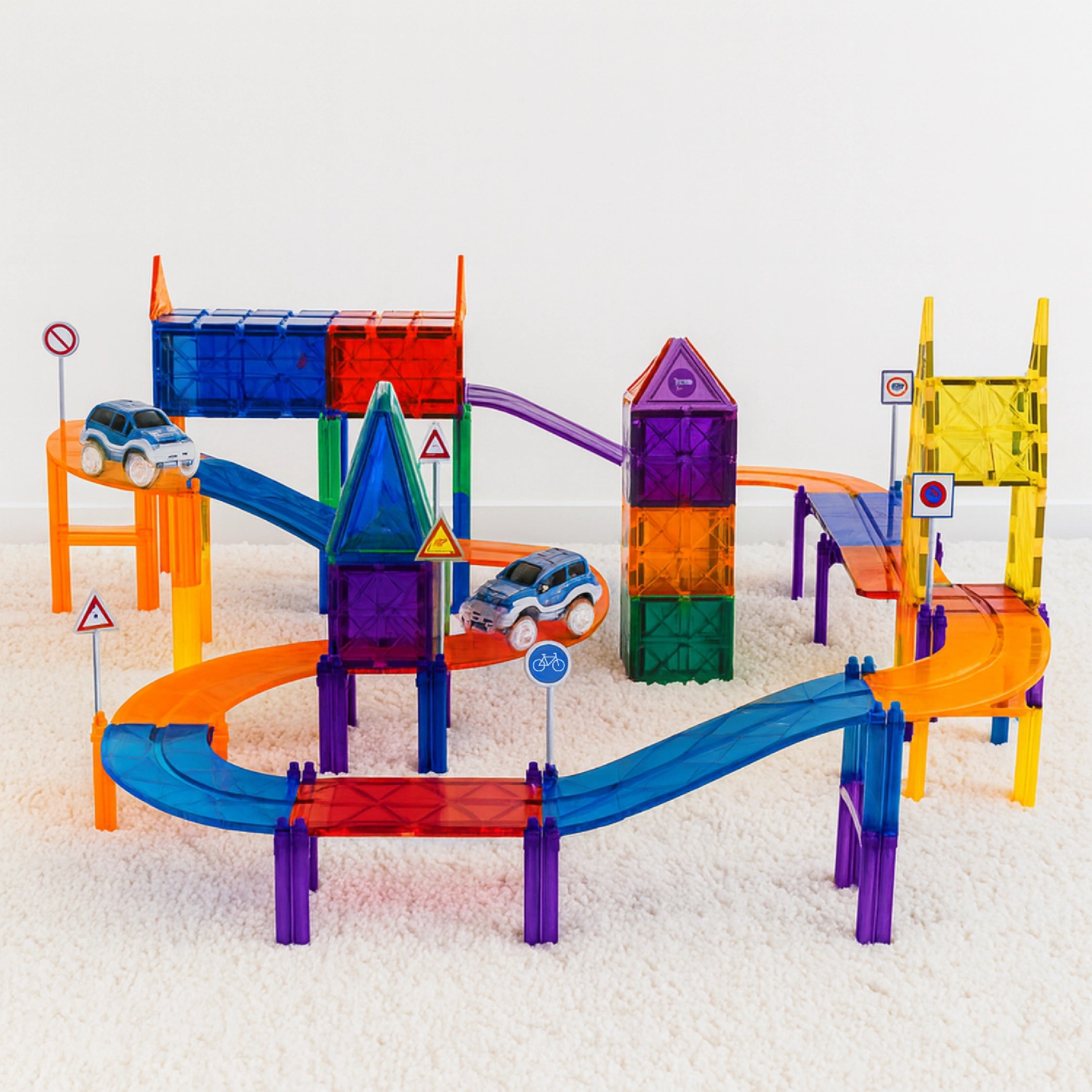 Magnetische Autobaan Bouwset 100-delig | Magnetische Tegels met Bruggen & Verkeersborden | Magnetisch Speelgoed 3+