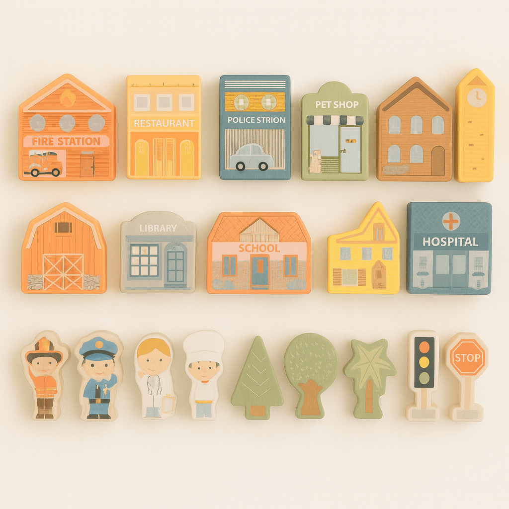 Houten Blokken Stad 20 - delig | Bouwset met Huizen, Figuren & Bomen | Educatief Speelgoed 3+ - Baby Doo