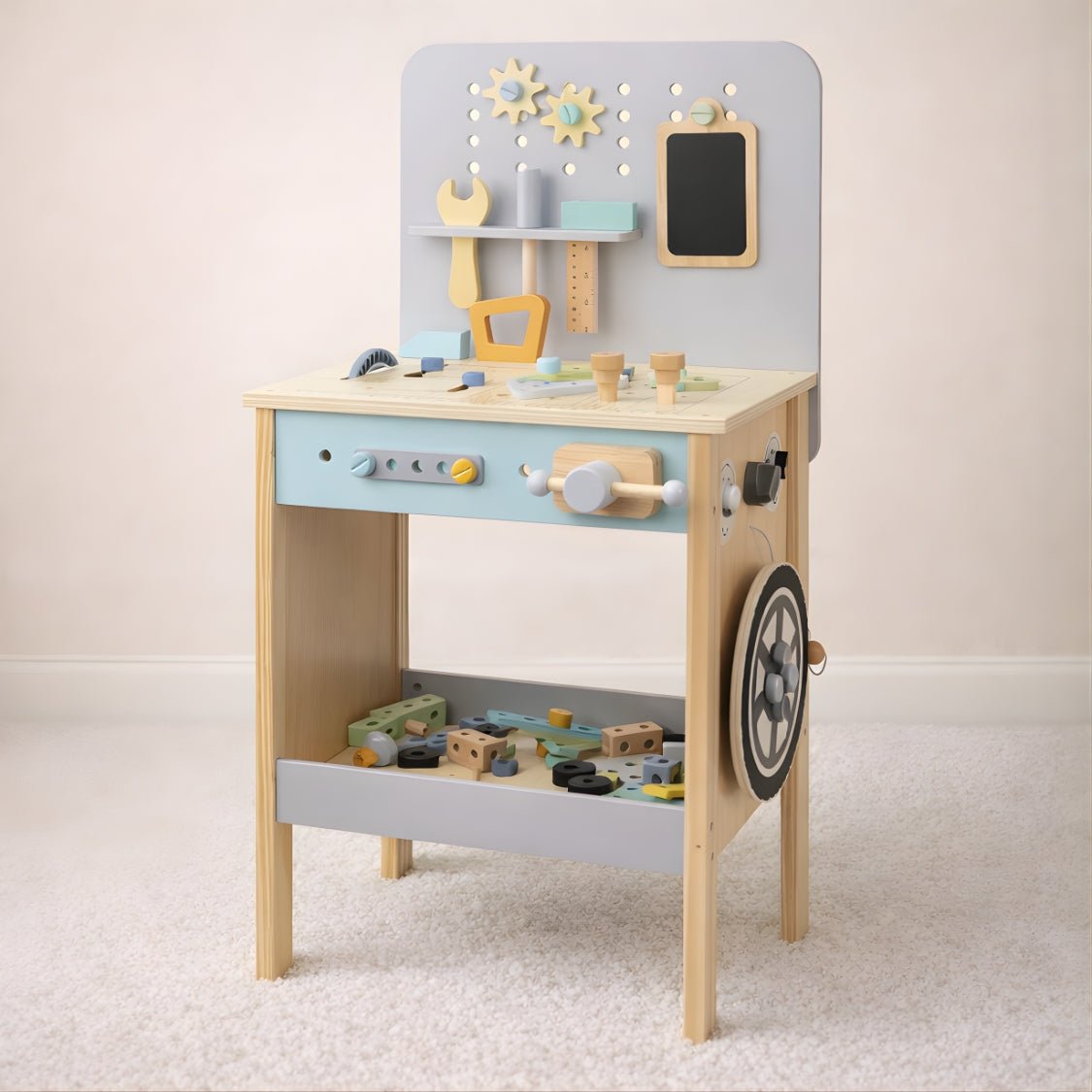 Houten Kinderwerkbank met Gereedschap | Speelgoed Werkbank vanaf 3 Jaar met Compressor & 73 Accessoires - Baby Doo