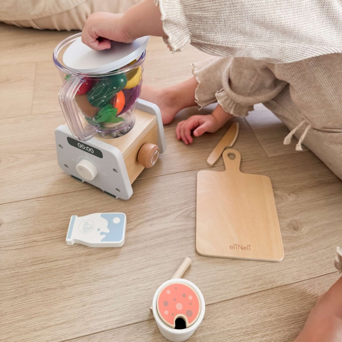 Houten Smoothie Blender Speelset | Met Accessoires & Snijfruit | Montessori Keukenspeelgoed - Baby Doo