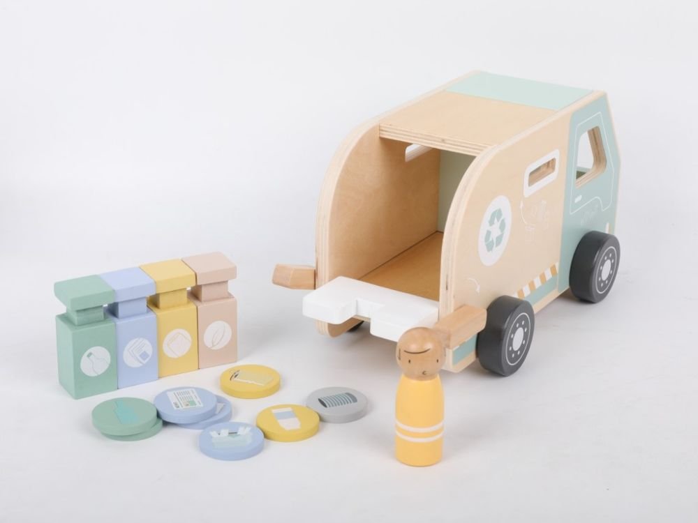 Houten Speelgoed Auto | Vuilniswagen Speelset met Bakken - Baby Doo