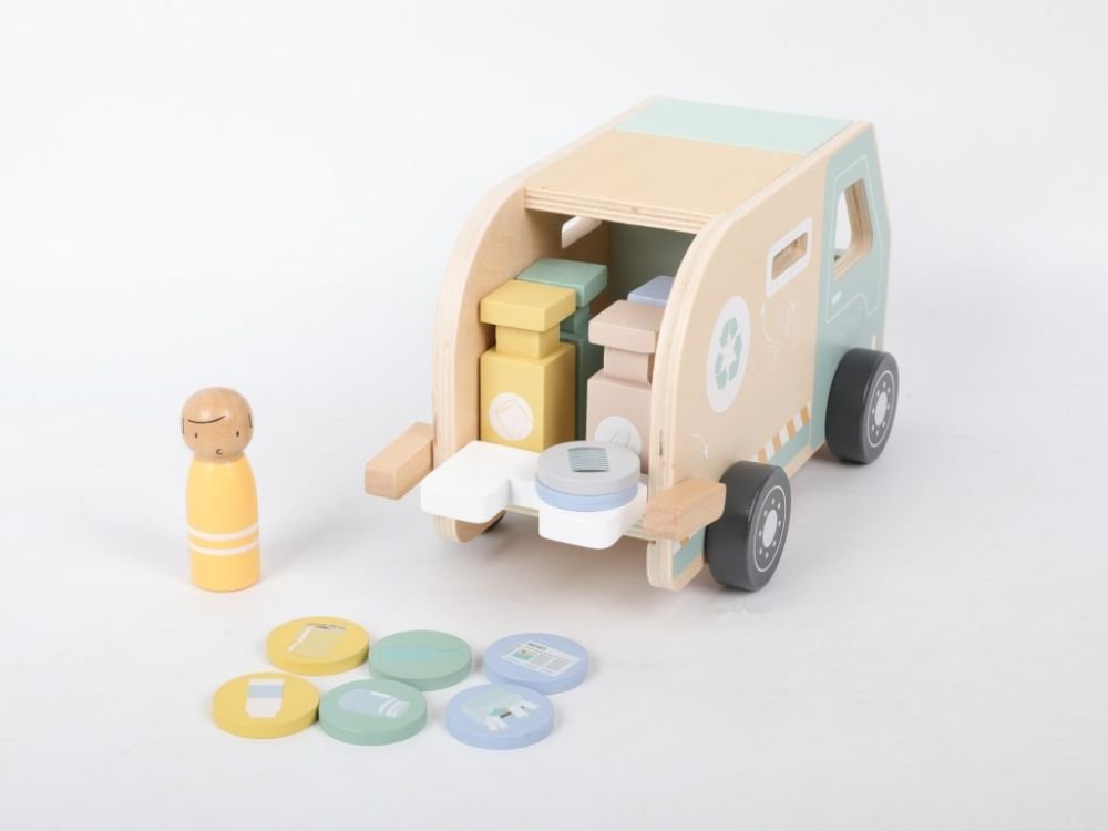 Houten Speelgoed Auto | Vuilniswagen Speelset met Bakken - Baby Doo
