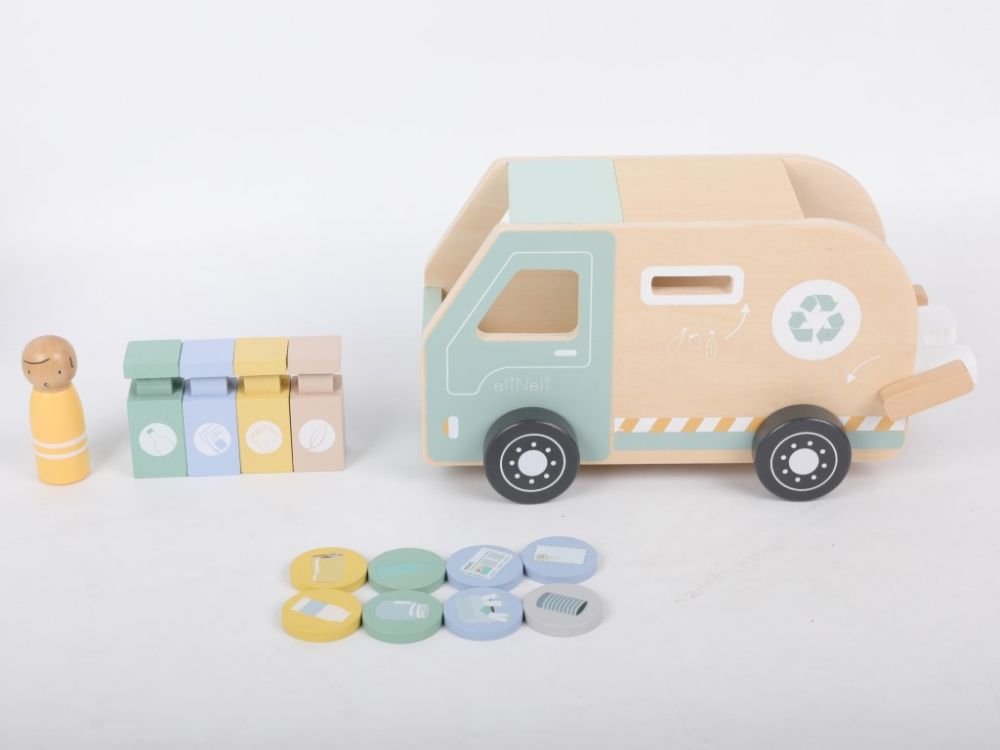 Houten Speelgoed Auto | Vuilniswagen Speelset met Bakken - Baby Doo