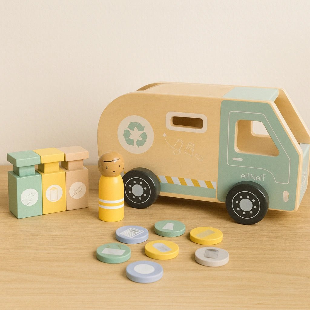Houten Speelgoed Auto | Vuilniswagen Speelset met Bakken - Baby Doo