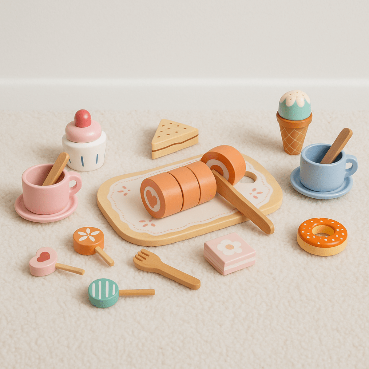 Houten Speelgoed Eten & High Tea Set | Inclusief Taartjes, IJsjes & Snijplank - Baby Doo