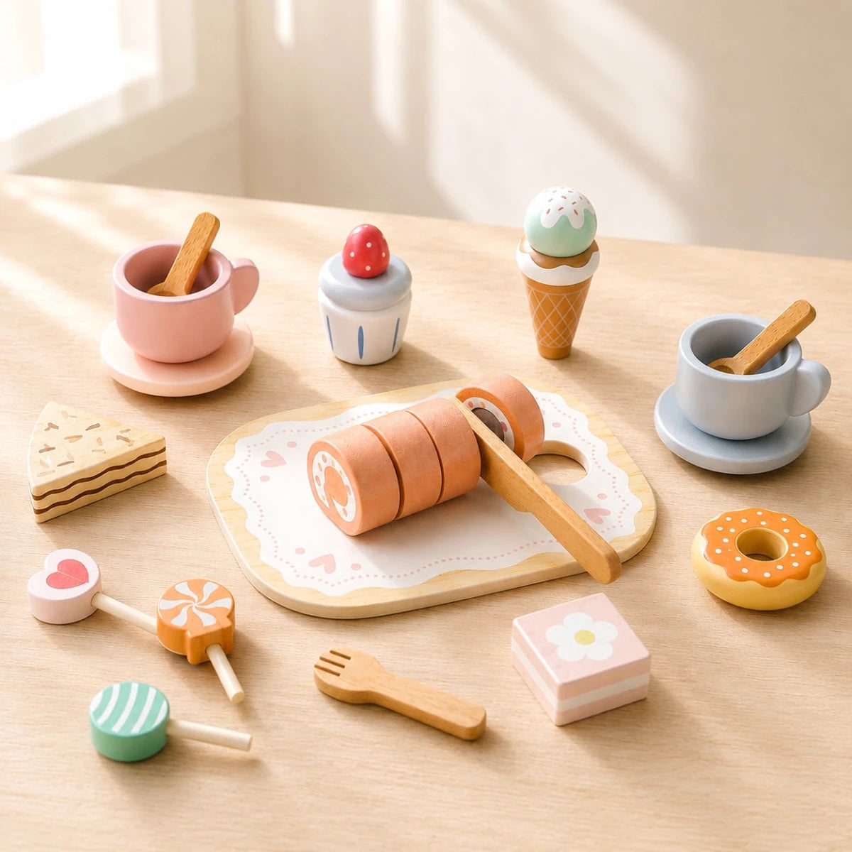 Houten Speelgoed Eten & High Tea Set | Inclusief Taartjes, IJsjes & Snijplank - Baby Doo
