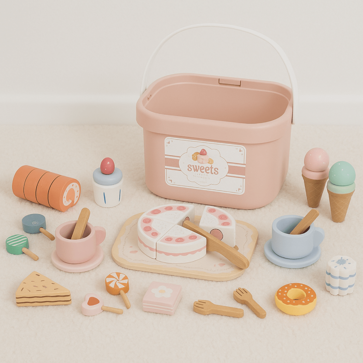 Houten Speelgoed Eten & High Tea Set | Inclusief Taartjes, IJsjes & Snijplank - Baby Doo