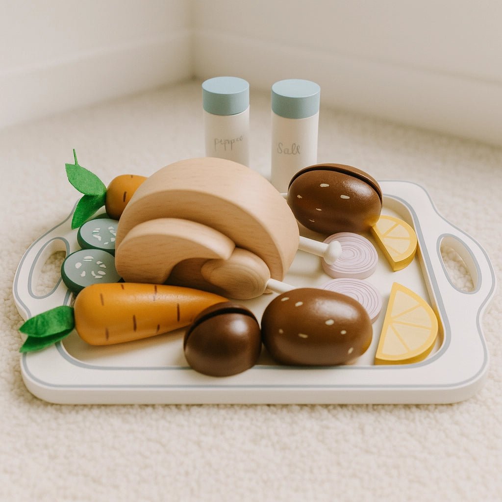 Houten Speelgoed Keuken Accessoires | Diner Set met Kip & Groente - Baby Doo