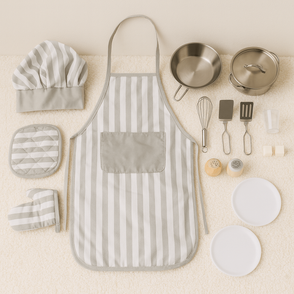 Houten Speelgoed Keuken Accessoires | Kookset met Pannen & Kleding - Baby Doo