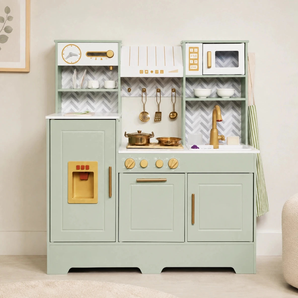 Houten Speelgoedkeuken met Licht, Geluid & Stoom | Kinderkeuken met Echte Effecten & Accessoires | Groen Goud | Vanaf 3 Jaar - Baby Doo