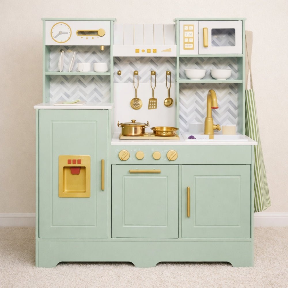 Houten Speelgoedkeuken met Licht, Geluid & Stoom | Kinderkeuken met Echte Effecten & Accessoires | Groen Goud | Vanaf 3 Jaar - Baby Doo