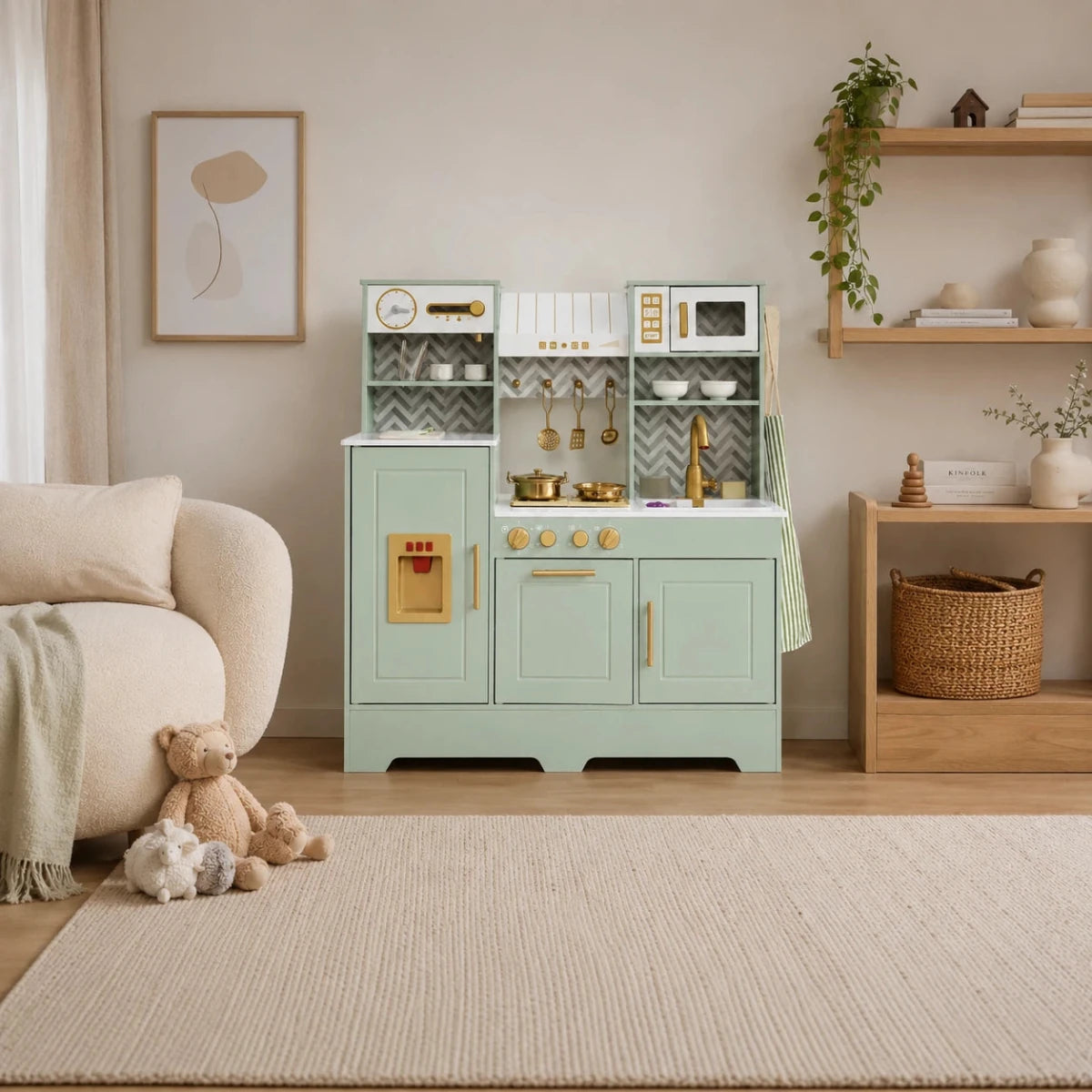 Houten Speelgoedkeuken met Licht, Geluid & Stoom | Kinderkeuken met Echte Effecten & Accessoires | Groen Goud | Vanaf 3 Jaar - Baby Doo